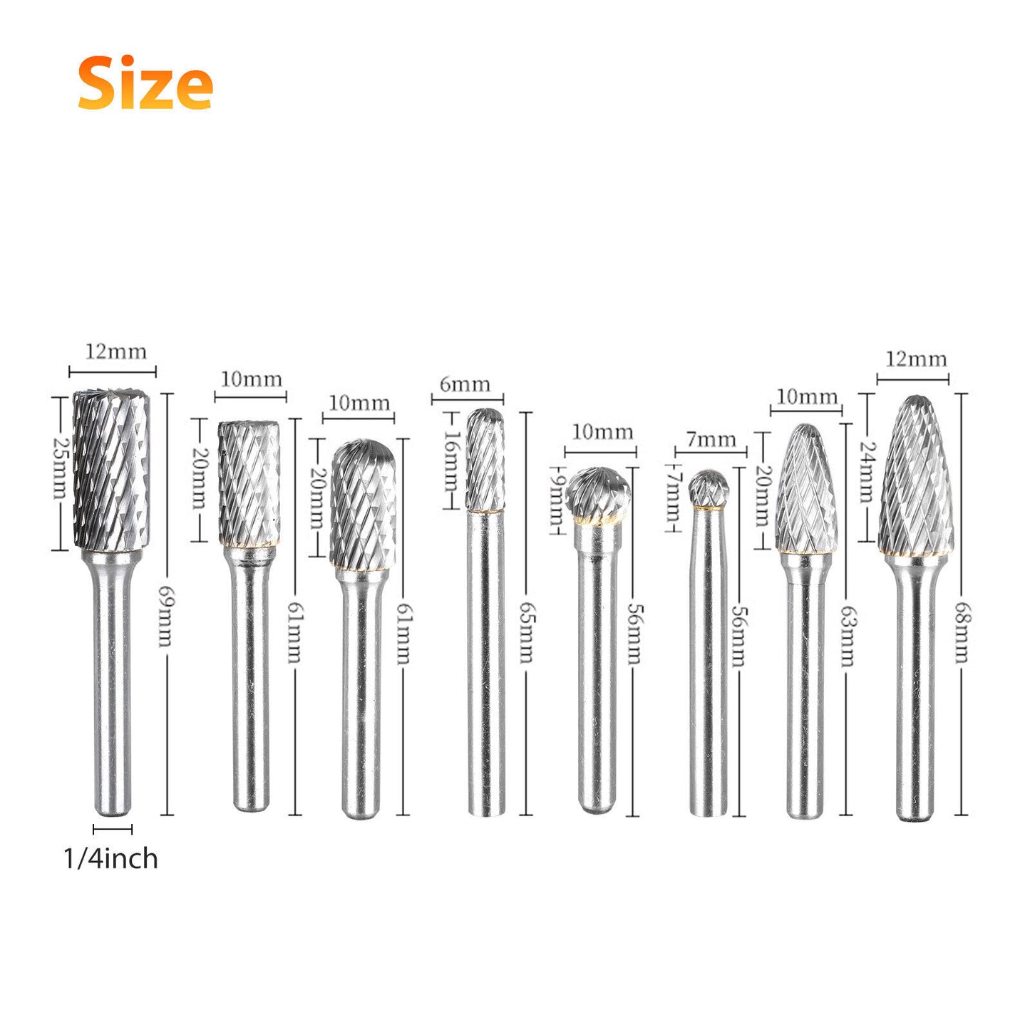 8 pieces of 1/4 inch 8mm carbide burrs