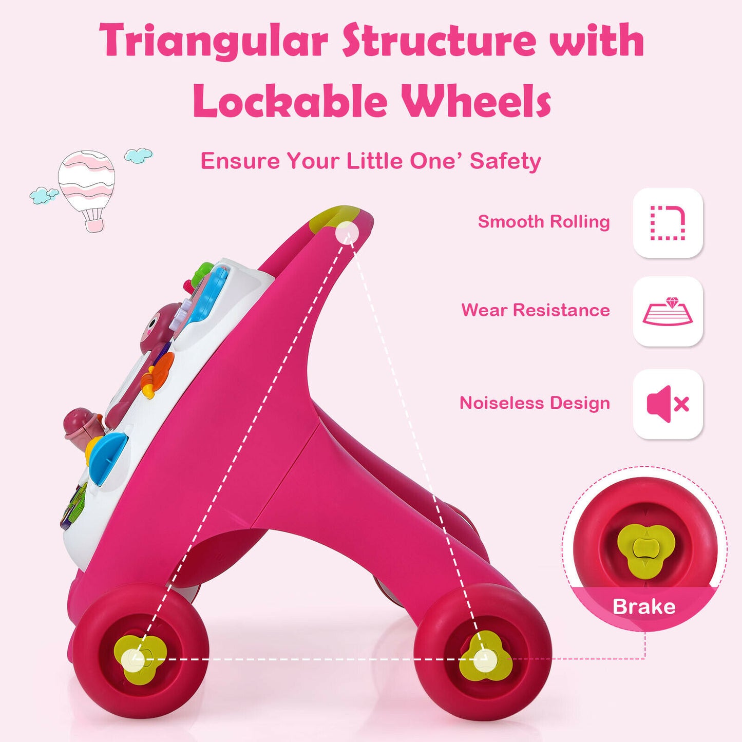 Learning walker for children with lights and sounds, pink