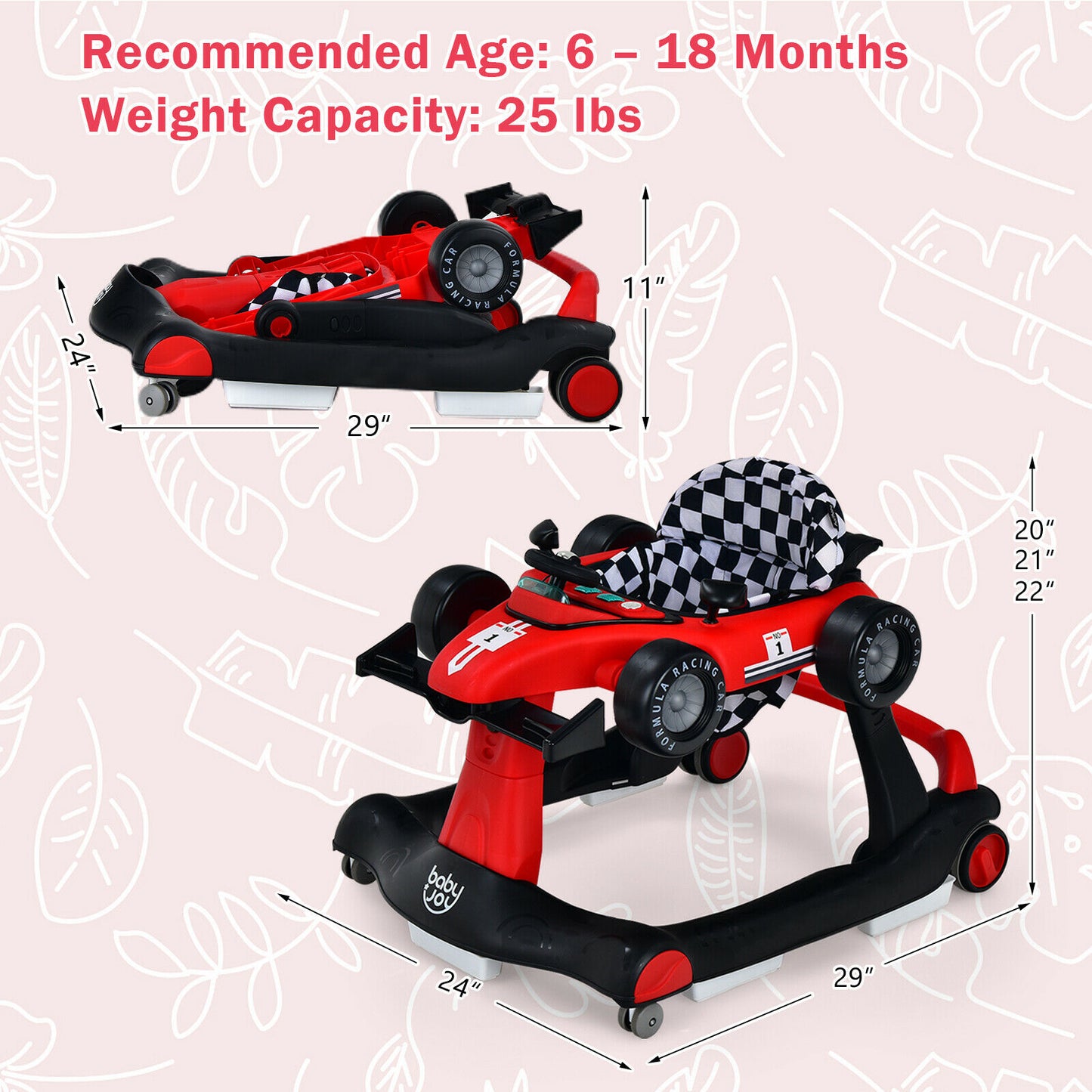 4-in-1 Foldable Activity Push Walker Adjustable Height, Red