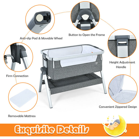 Baby cot with storage basket and wheel, color: Gray