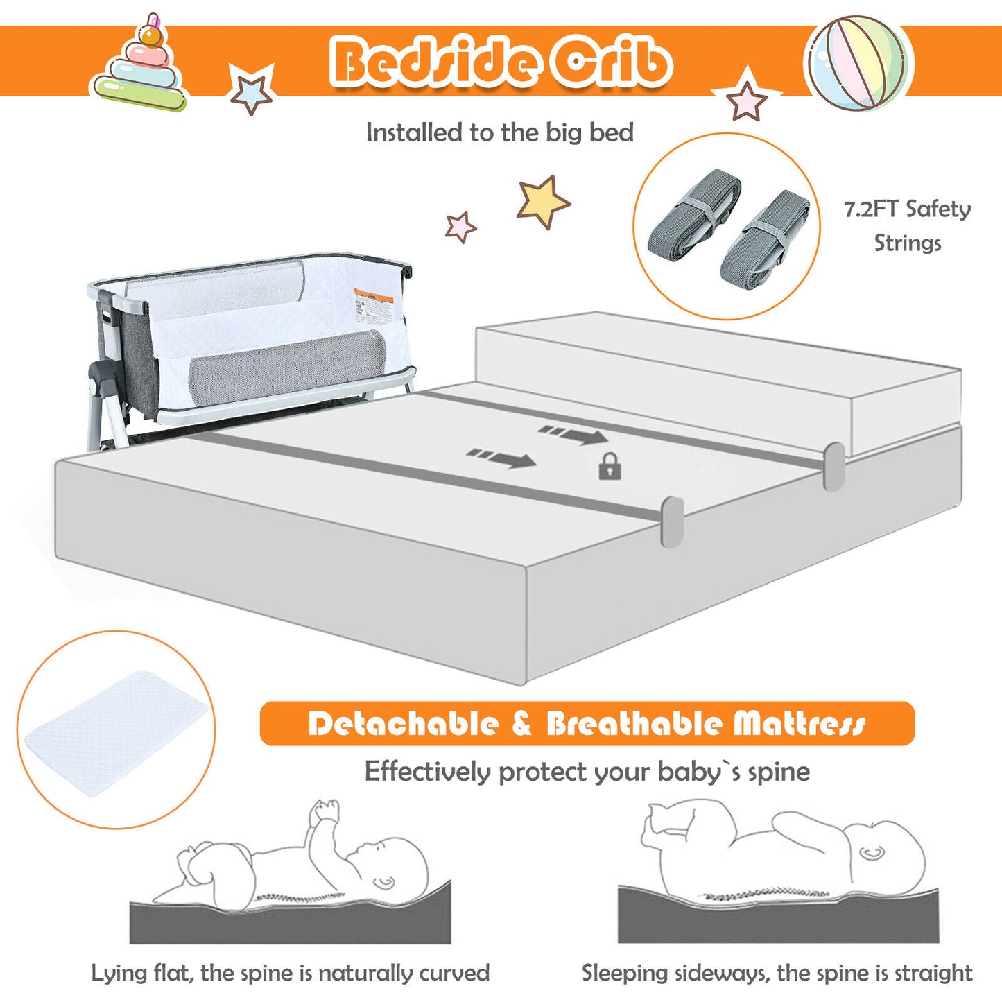 Baby cot with storage basket and wheel, color: Gray